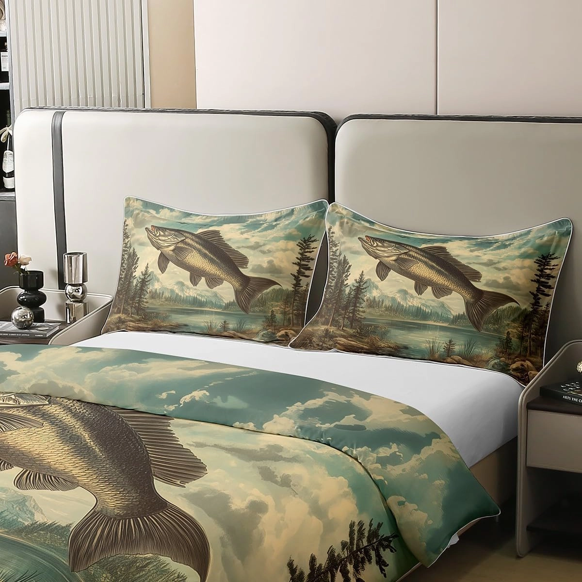 3 Pieces Fishing and Hunting Cotton Duvet Cover Sets,Lake Lakeside Fishing Comforter Cover for Kids Adults,Jungle Trees River Bedding Set (Not Comforter),Retro Farmhouse Style Quilt Cover,Queen Size