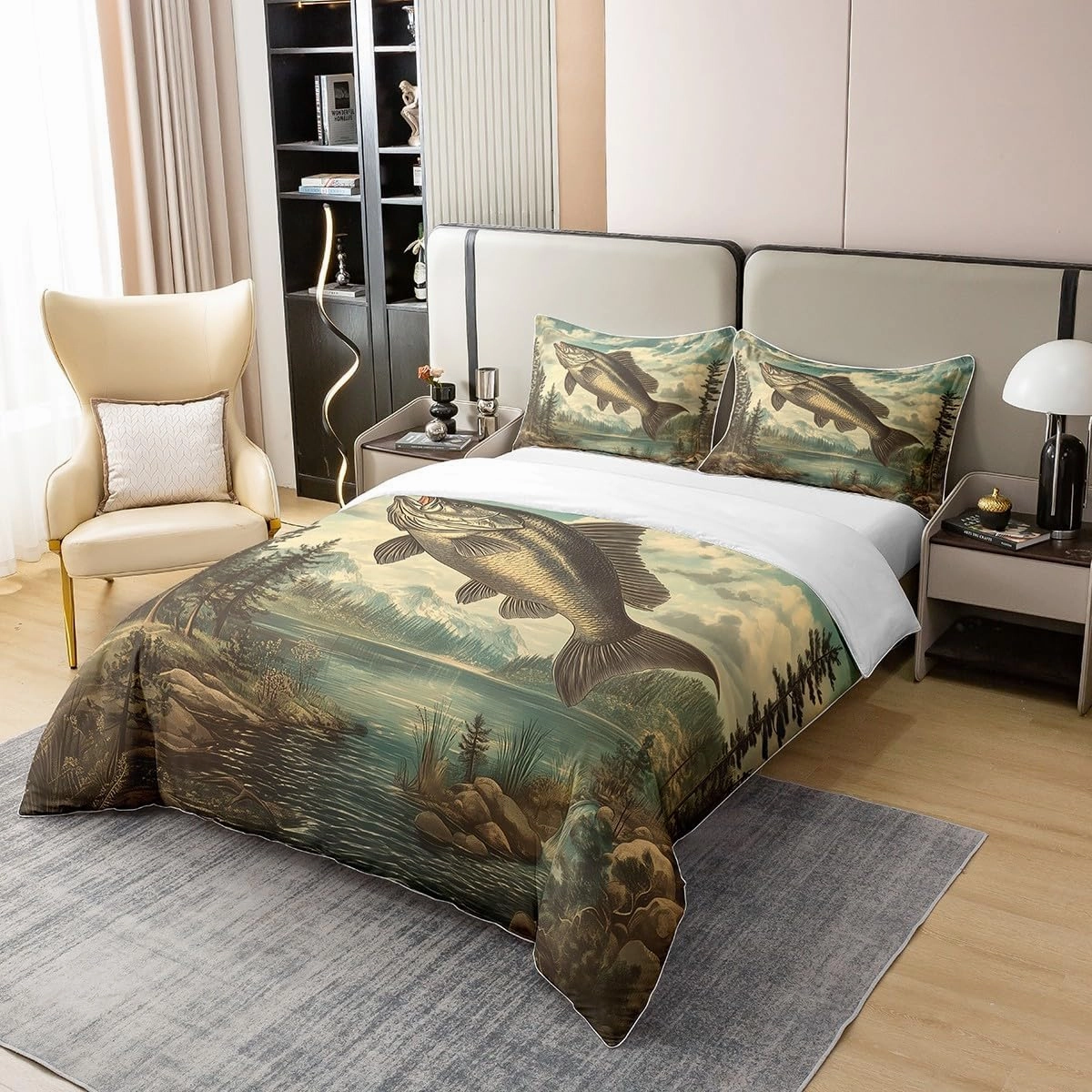 3 Pieces Fishing and Hunting Cotton Duvet Cover Sets,Lake Lakeside Fishing Comforter Cover for Kids Adults,Jungle Trees River Bedding Set (Not Comforter),Retro Farmhouse Style Quilt Cover,Queen Size