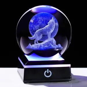 3D Moon Wolf Crystal Ball Figurine with Colorful LED Base, Laser Wolf Gifts for Women Men Wolves Lovers, Wolf Statue Glass Animal Decorative Ball for Christmas Birthday Home Decor (80mm)
