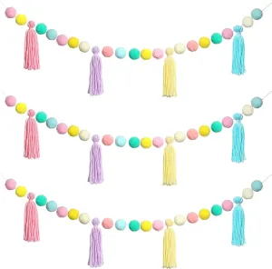 3Pcs Pastel Pom Pom Garland Back to School Colorful Hanging Tassel Felt Ball Banner Teacher Classroom Decor for Kids Elementary Nursery Baby Shower Party Decorations Wall Door Photography Prop