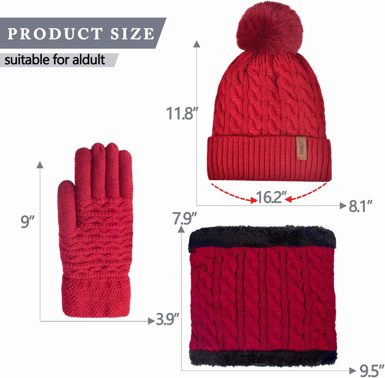 3Pcs Winter Women Beanie Hat Scarf and Touch Screen Gloves Sets Girls Classic Knit Warm Chunky Fleece Lined Cable Cap