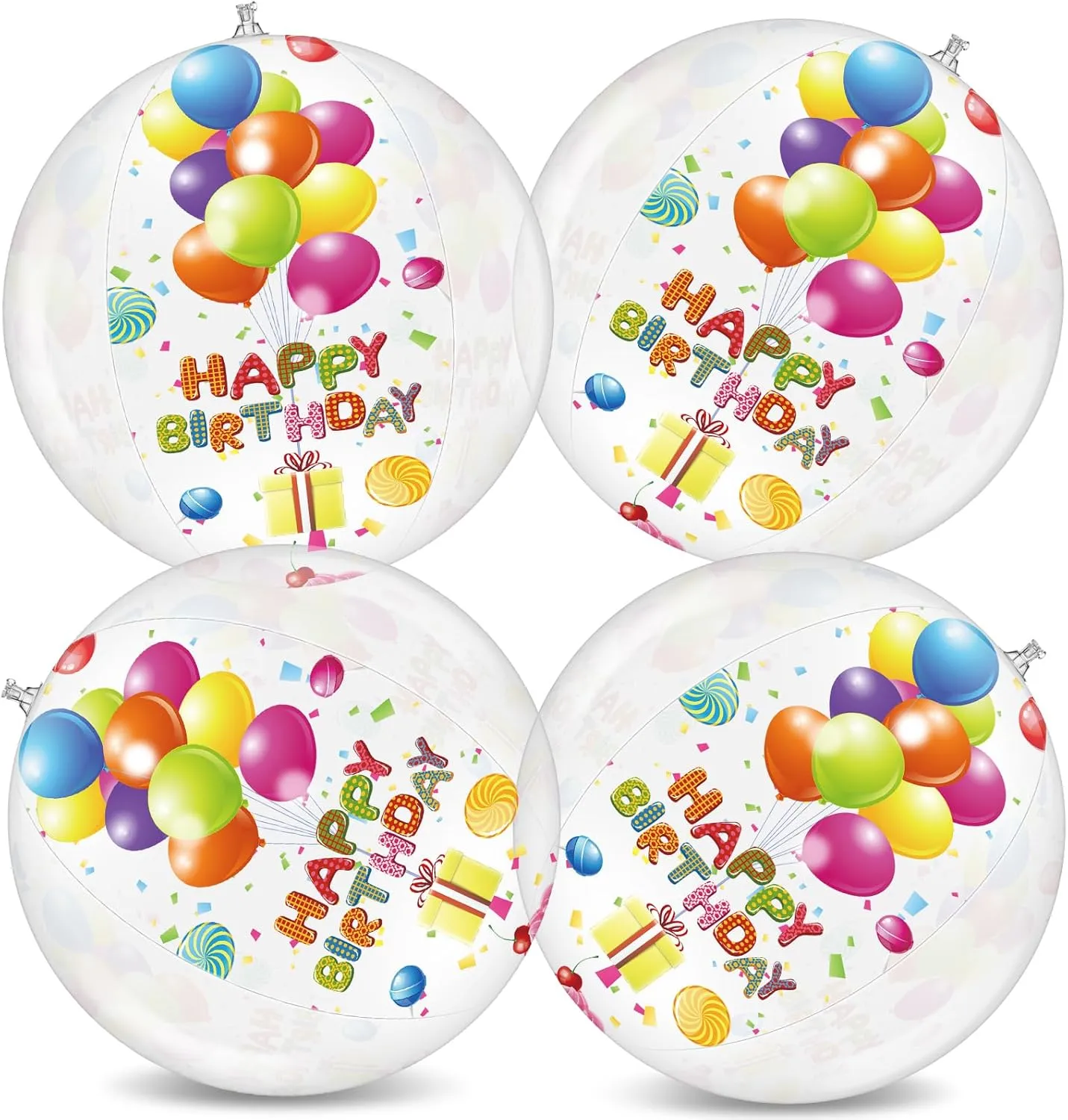 4 Pcs 20 Inch Birthday Beach Ball Clear Inflatable Pool Balls Bulk Large Pool Birthday Party Decorations for Swimming Outdoor Water Games Adults Gift Favor