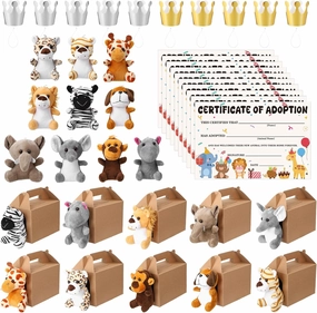 40Pcs Adopt A Pet Party Favors Mini Stuffed Animals Plush Toy Set Includes 10Pcs Safari Jungle Animal Plush Toys, Birthday Hats, Kraft Paper Boxes, Adoption Cards for Adopt A Animal Party