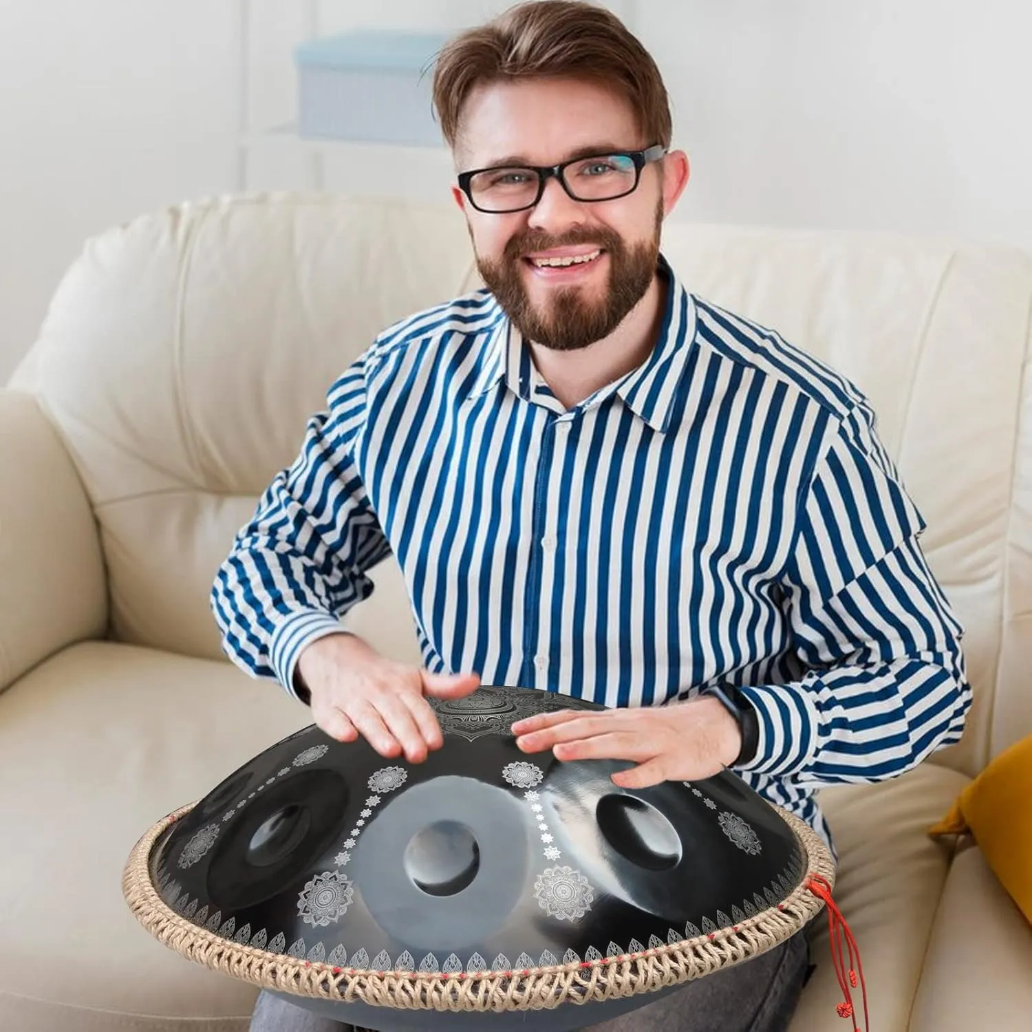 432HZ Handpan Set-Premium 22 Inches 9 Sounds D Minor Steel Hand Pan,Handpan Drum Instrument for Adults,Print Black