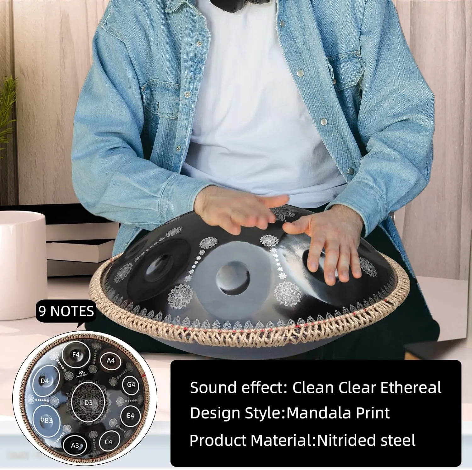432HZ Handpan Set-Premium 22 Inches 9 Sounds D Minor Steel Hand Pan,Handpan Drum Instrument for Adults,Print Black