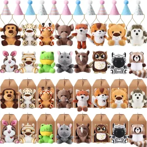 48 Pcs Mini Safari Plush Animals Set Forest Stuffed Toys Adopt a Pet Party Favors Jungle Animal Plush Toys with Birthday Hats Paper Boxes for Animal Theme Favor Birthday Party Gift