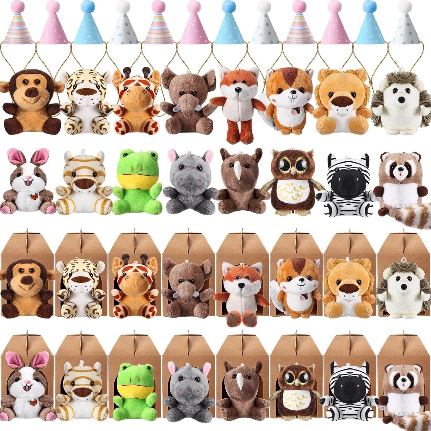 48 Pcs Mini Safari Plush Animals Set Forest Stuffed Toys Adopt a Pet Party Favors Jungle Animal Plush Toys with Birthday Hats Paper Boxes for Animal Theme Favor Birthday Party Gift