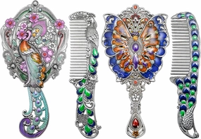 4 Piece Vintage Mirror Comb Set, Metal Antique Handheld Mirror with Comb, Decorative Embossed Peacock Butterfly, Women's Vanity Makeup Cosmetic Mirrors Portable for Travel