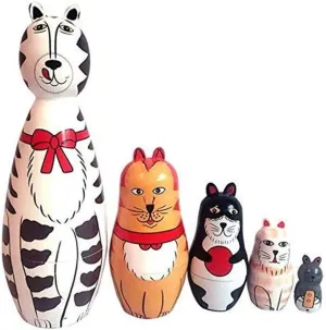 5-Nesting Cute Wooden Nesting Dolls Matryoshka Animal Russian Doll (Cat) Wooden Craft Craft Gift Customization