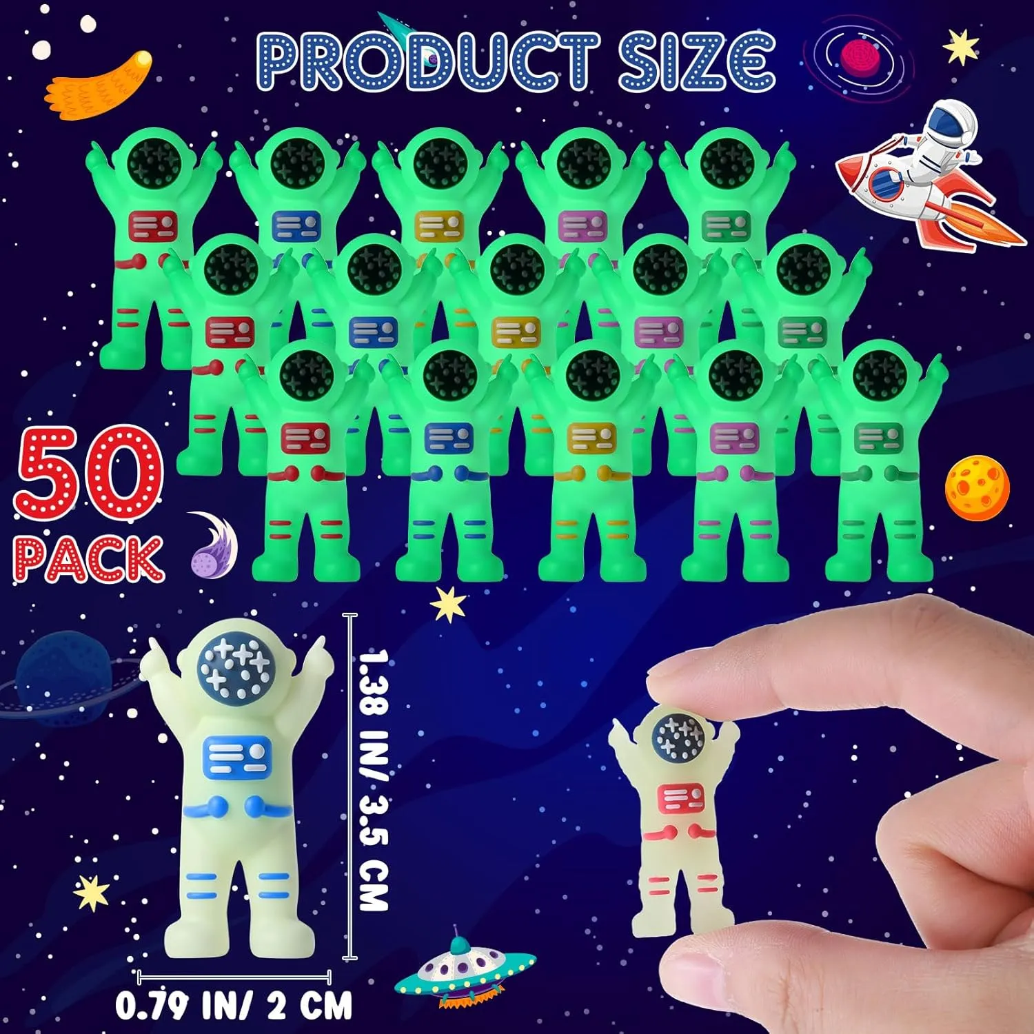50 Pcs Colorful Mini Astronaut Figures Glow in the Dark Miniature Astronaut Toys for Kids Tiny Spaceman for Space Party Favors Goodie Bag Stuffers Fillers Piñata End of School Year Gifts