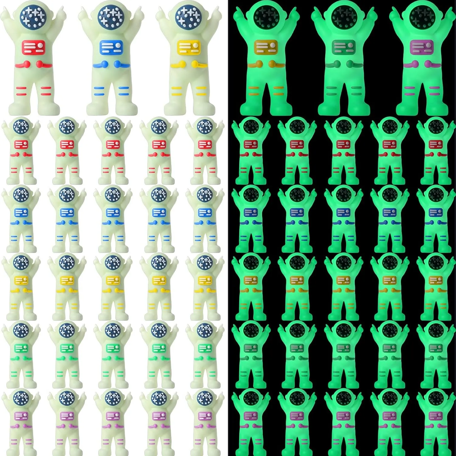50 Pcs Colorful Mini Astronaut Figures Glow in the Dark Miniature Astronaut Toys for Kids Tiny Spaceman for Space Party Favors Goodie Bag Stuffers Fillers Piñata End of School Year Gifts