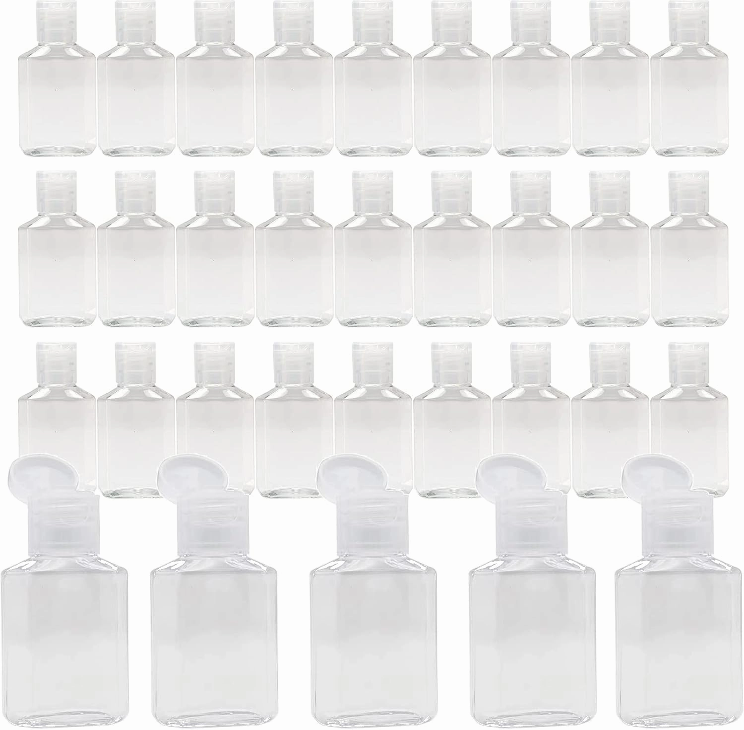 50 Pcs 1oz/30ml Mini Plastic Empty Bottles with Flip Cap Portable Travel Size Reusable for Hand Sanitizer Shampoo and Conditioner Baby Shower Weeding Party Favors, clear