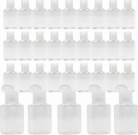 50 Pcs 1oz/30ml Mini Plastic Empty Bottles with Flip Cap Portable Travel Size Reusable for Hand Sanitizer Shampoo and Conditioner Baby Shower Weeding Party Favors, clear