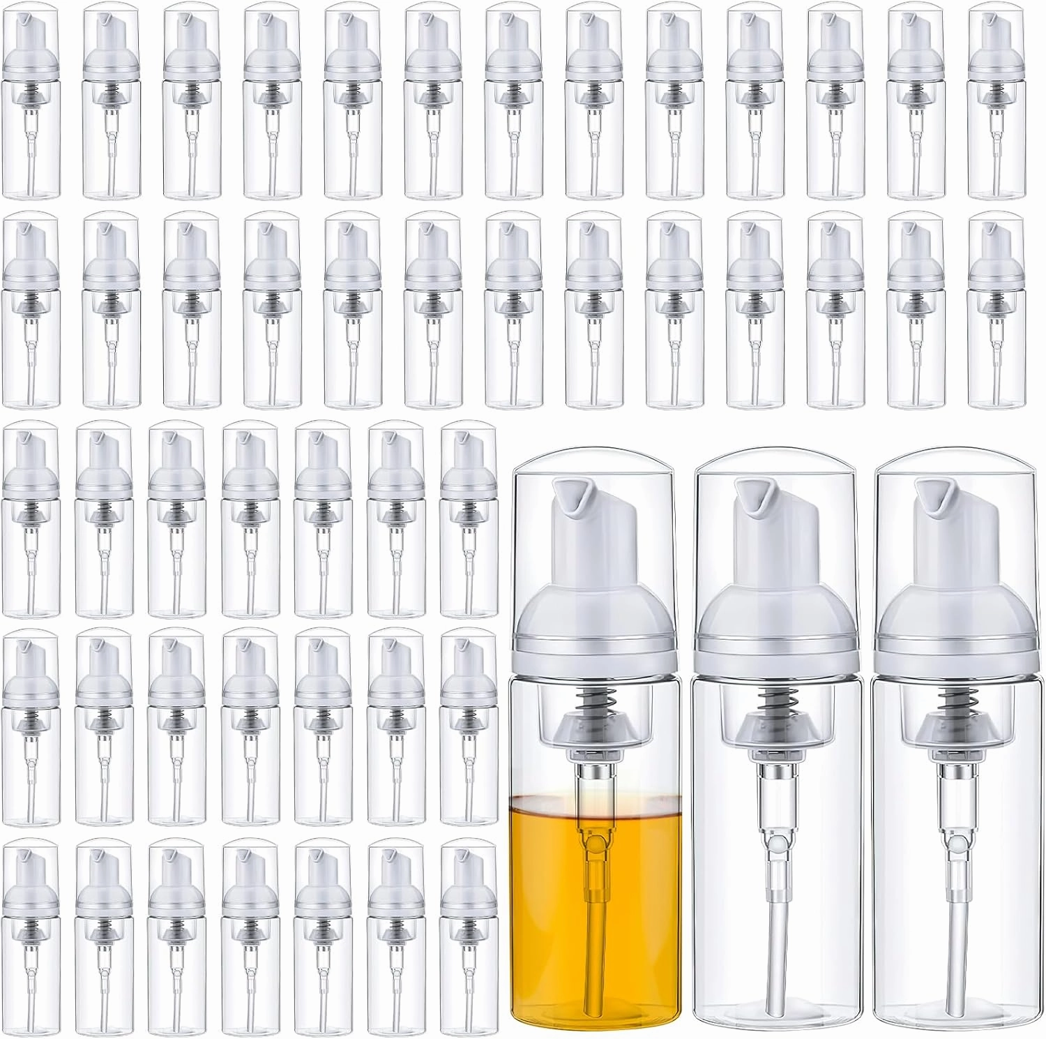 50 Pcs Foam Pump Bottle Dispenser,1.7oz/50ml Refillable Plastic Travel Foaming Bottles for Packaging Liquid Cleaning Hand Soap Shampoo Lash Cleanser(Transparent)