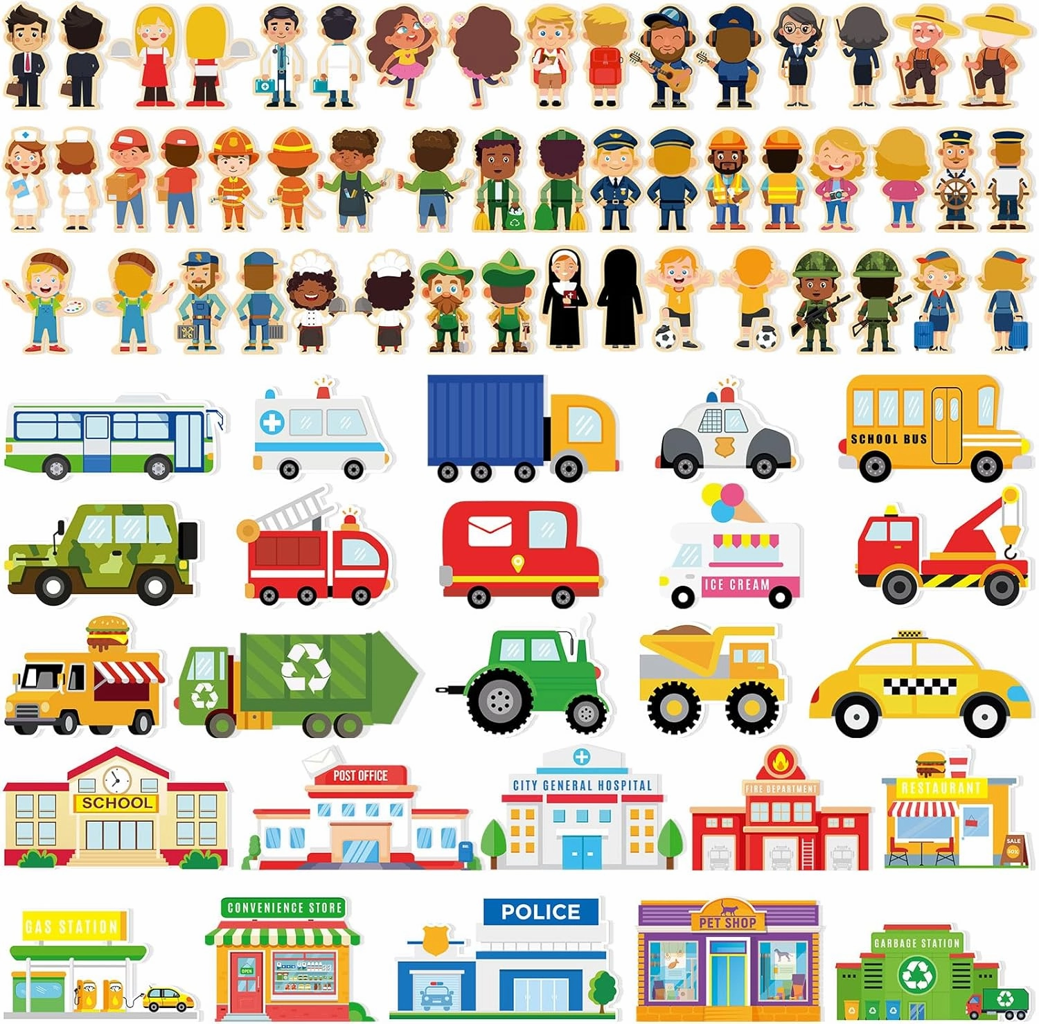 50 Pcs Wooden Community Helpers Pretend Play Set Community Includes Little Wooden People Buildings Cars Multicultural Figurines Toy Preschool Little Professionals Block Character