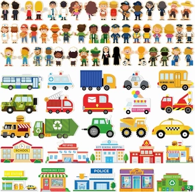 50 Pcs Wooden Community Helpers Pretend Play Set Community Includes Little Wooden People Buildings Cars Multicultural Figurines Toy Preschool Little Professionals Block Character