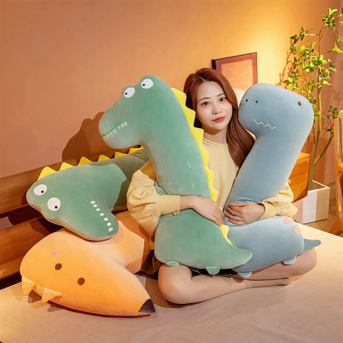 55.1 inch Cute Dinosaur Stuffed Animal Plush Pillow Soft Large Down Cotton Toy Boy Girl Room Bed Home Kawaii Cushion Decor Squishy Plushie Comfort Cartoon Sleep Fluffy Toy Birthday Gift for Adult Kid