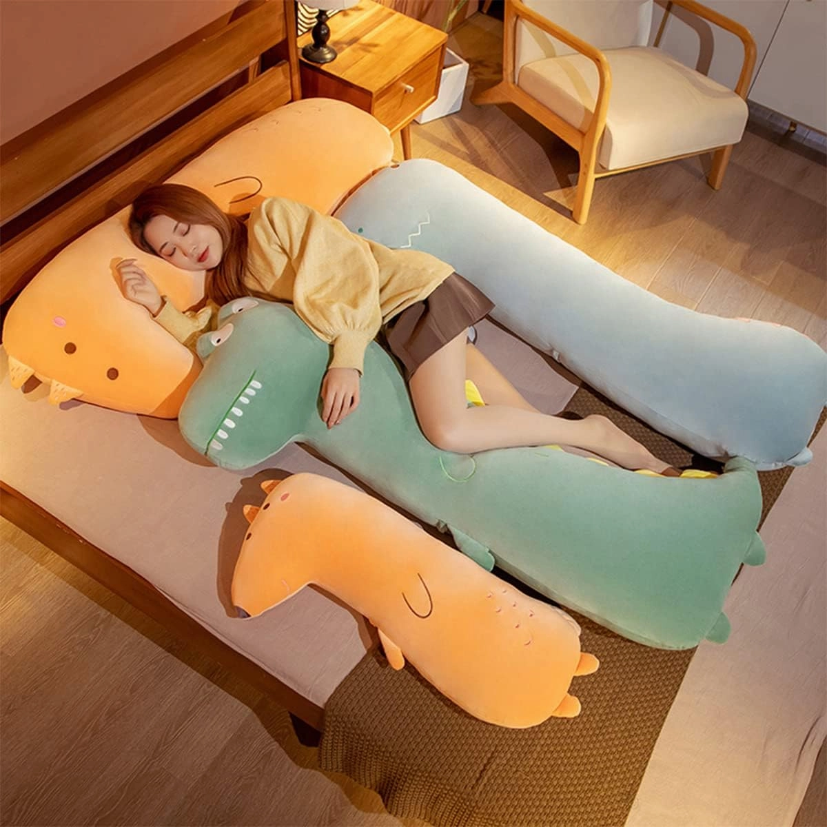 55.1 inch Cute Dinosaur Stuffed Animal Plush Pillow Soft Large Down Cotton Toy Boy Girl Room Bed Home Kawaii Cushion Decor Squishy Plushie Comfort Cartoon Sleep Fluffy Toy Birthday Gift for Adult Kid