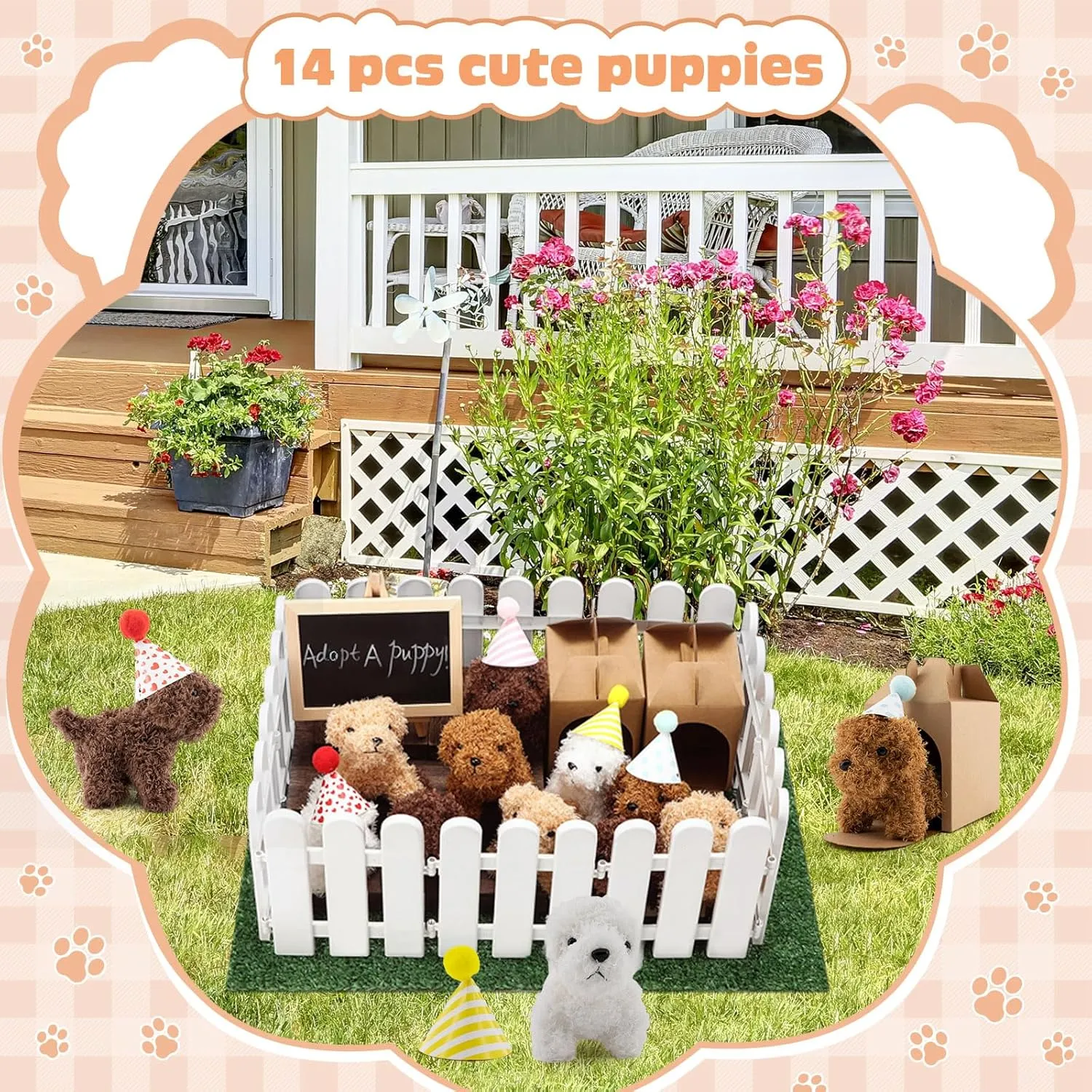 56Pcs Adopt A Puppy Party Favors Mini Plush Stuffed Animals Set Includes 14 Mini Dogs, Birthday Hats, White Plastic Fence with Artificial Lawn for Adopt A Pet Theme Birthday Party
