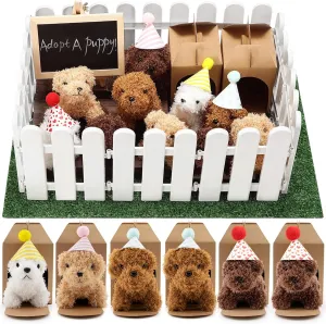 56Pcs Adopt A Puppy Party Favors Mini Plush Stuffed Animals Set Includes 14 Mini Dogs, Birthday Hats, White Plastic Fence with Artificial Lawn for Adopt A Pet Theme Birthday Party