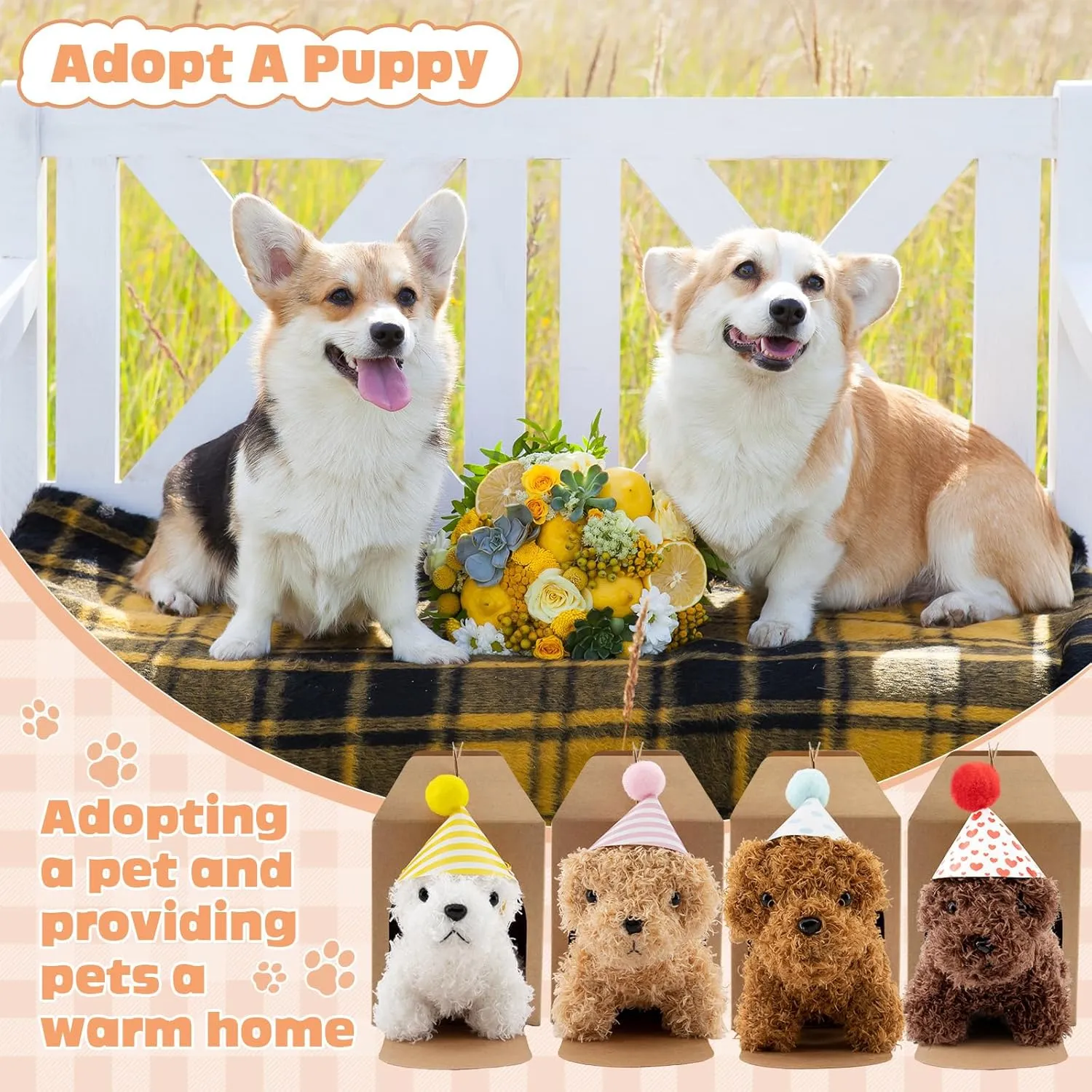 56Pcs Adopt A Puppy Party Favors Mini Plush Stuffed Animals Set Includes 14 Mini Dogs, Birthday Hats, White Plastic Fence with Artificial Lawn for Adopt A Pet Theme Birthday Party