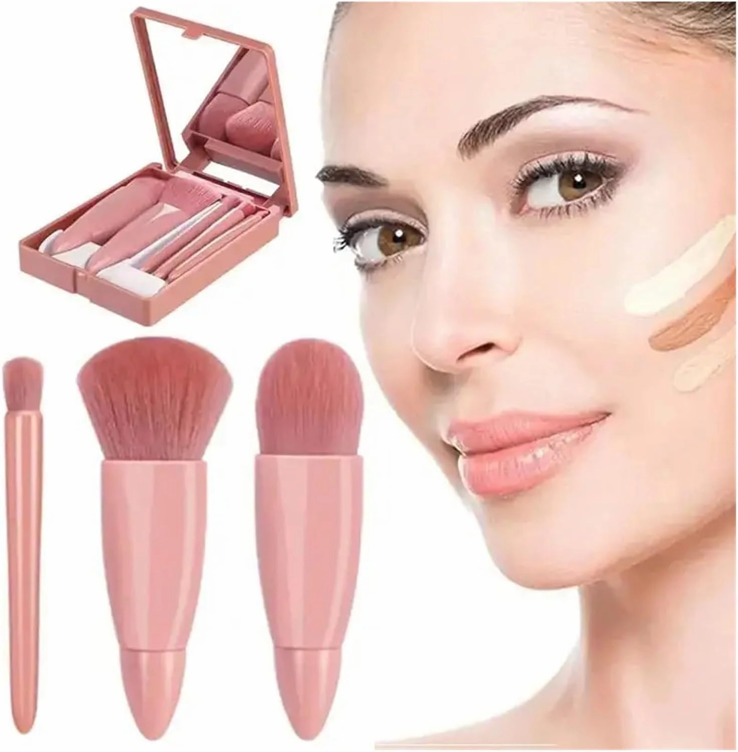 5pcs Travel Size Makeup Brushes Set Mini Makeup Brushes, Small Complete Function Cosmetic Brushes Kit with Case and Mirror Perfe(Green)