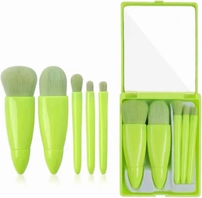5pcs Travel Size Makeup Brushes Set Mini Makeup Brushes, Small Complete Function Cosmetic Brushes Kit with Case and Mirror Perfe(Green)