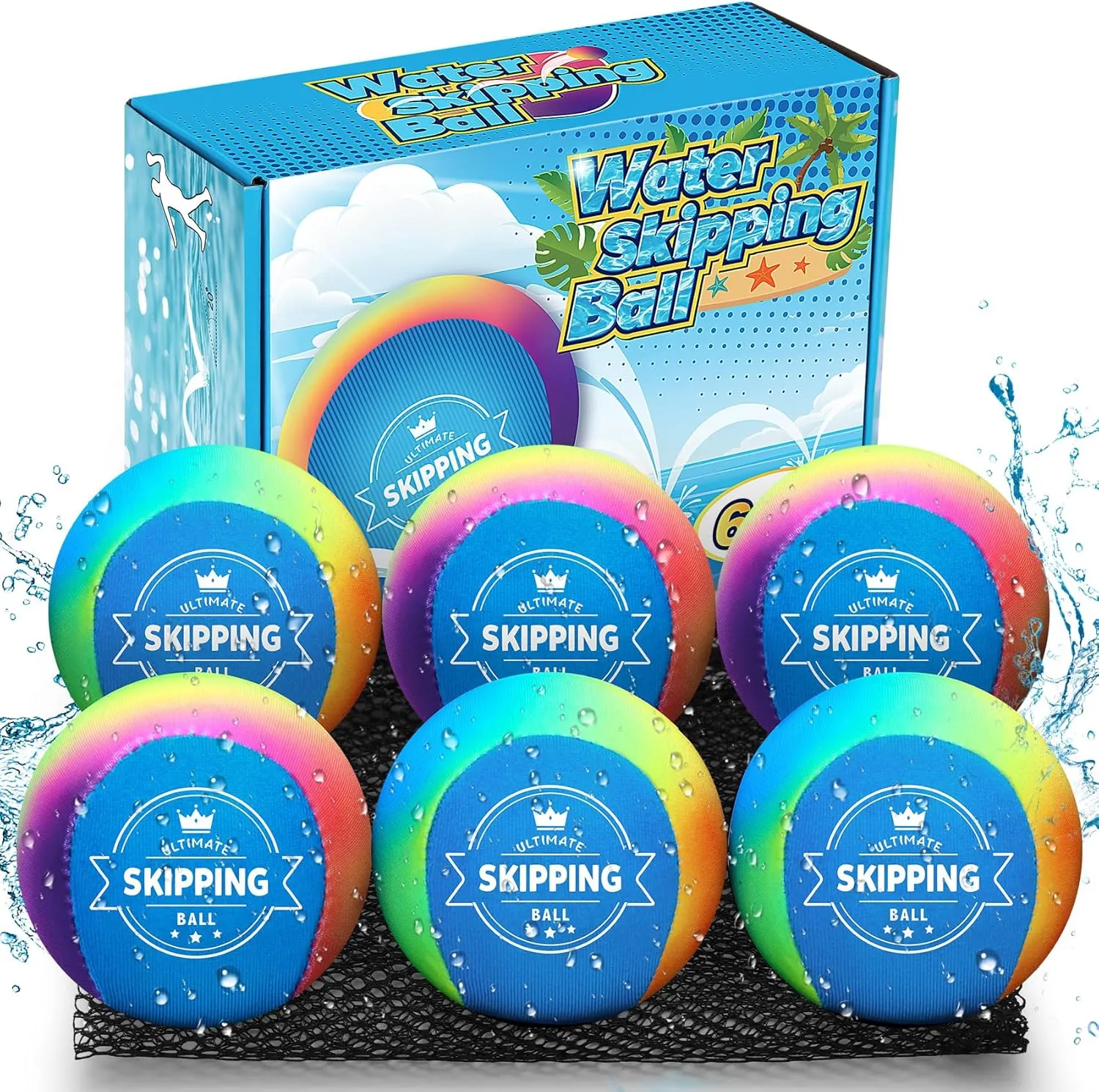 6 Pack Skipping Water Balls for Pool Play, Splash Colorful Skip Ball Water Bouncing Ball with Mesh Bag, Summer Fun Lake Pool Beach Toys for Kids Ages 4-8 8-12 and Adults