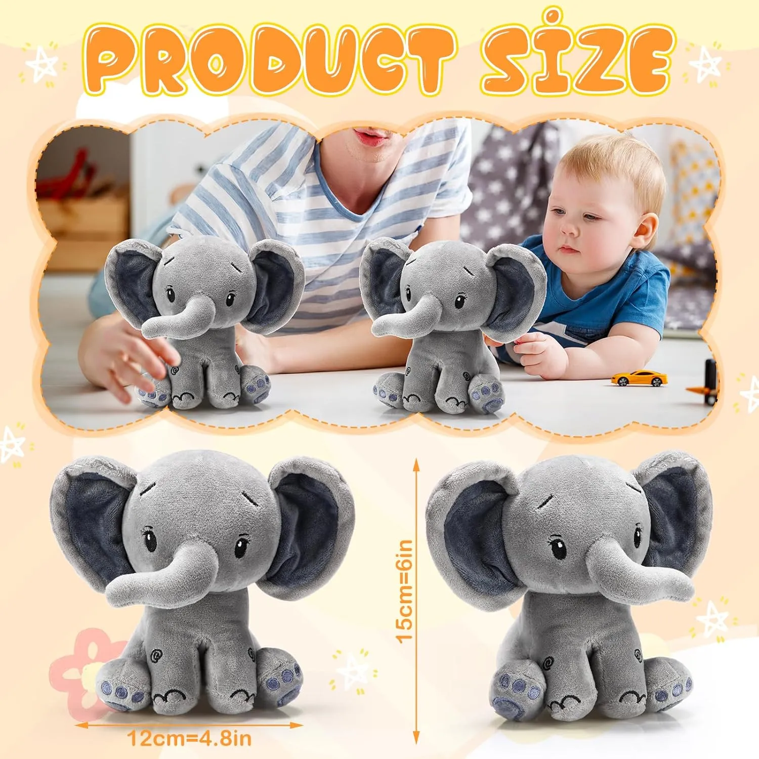 6 Pcs Elephant Stuffed Animals 6 Inch Big Ear Stuffed Elephant Animal Plush Toy Gift for Baby Shower Boys Girls Nursery Bed Decoration Birthday Party Supplies(Gray, Dark Gray)