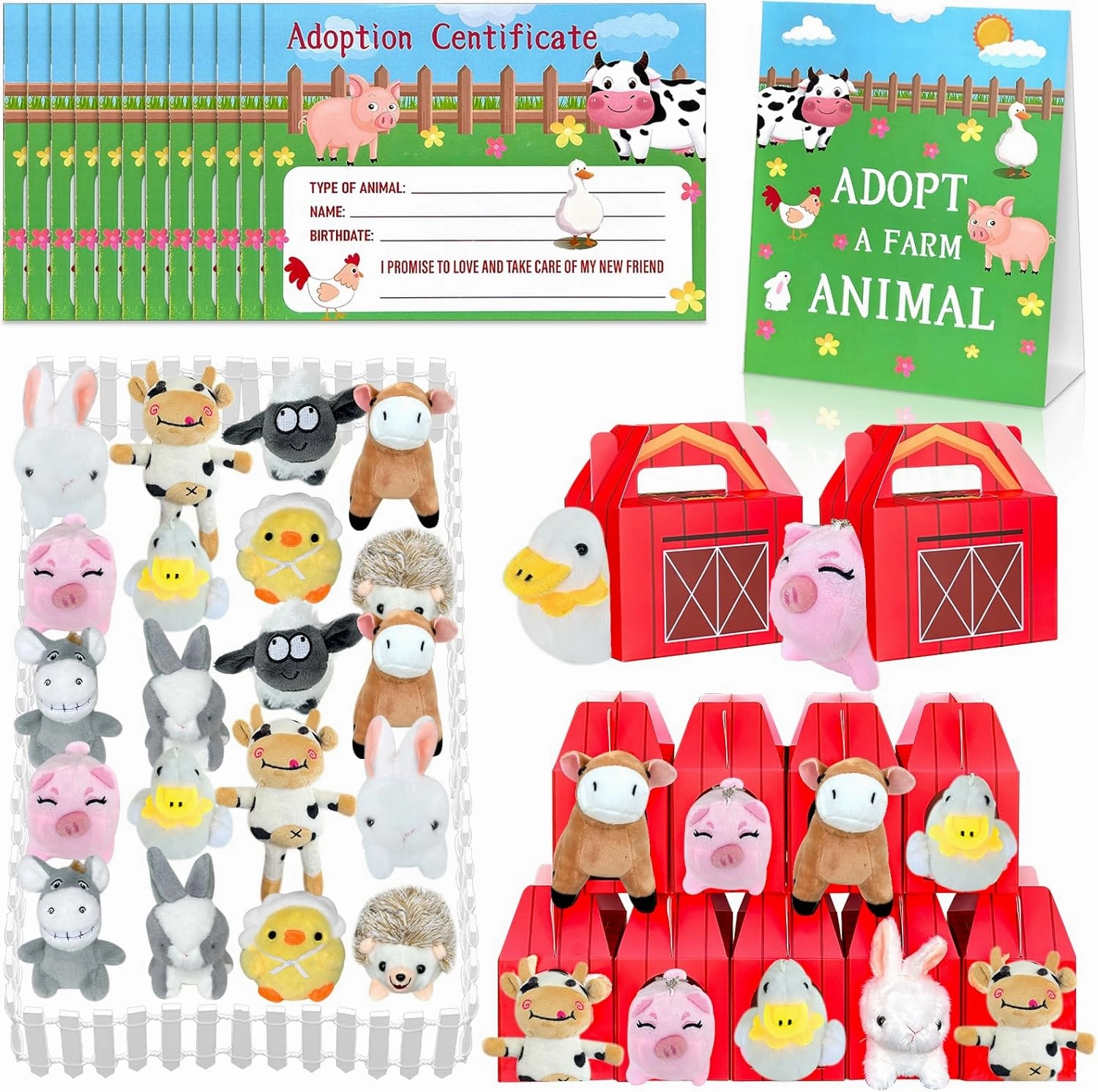 63 Pcs Farm Animal Party Favors Include 20 Mini Stuffed Animals 20 Foldable Farm Boxes 20 Adoption Card 1 Adopt Sign 2 Fence for Adopt a Farm Animal Adopt a Pet Party Favors