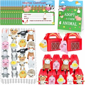 63 Pcs Farm Animal Party Favors Include 20 Mini Stuffed Animals 20 Foldable Farm Boxes 20 Adoption Card 1 Adopt Sign 2 Fence for Adopt a Farm Animal Adopt a Pet Party Favors