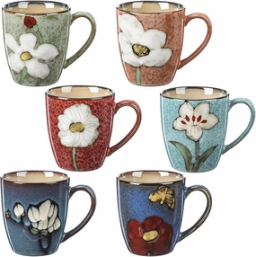 6 Pack 12oz Ceramic Coffee Mugs Sets Glazing Process Cappuccino Mug Floral Ceramic Tea Cups Birthday Gift Porcelain Cup for Coffee, Cocoa, Tea, Latte, Kitchen, Cafe, Dishwasher and Microwave Safe