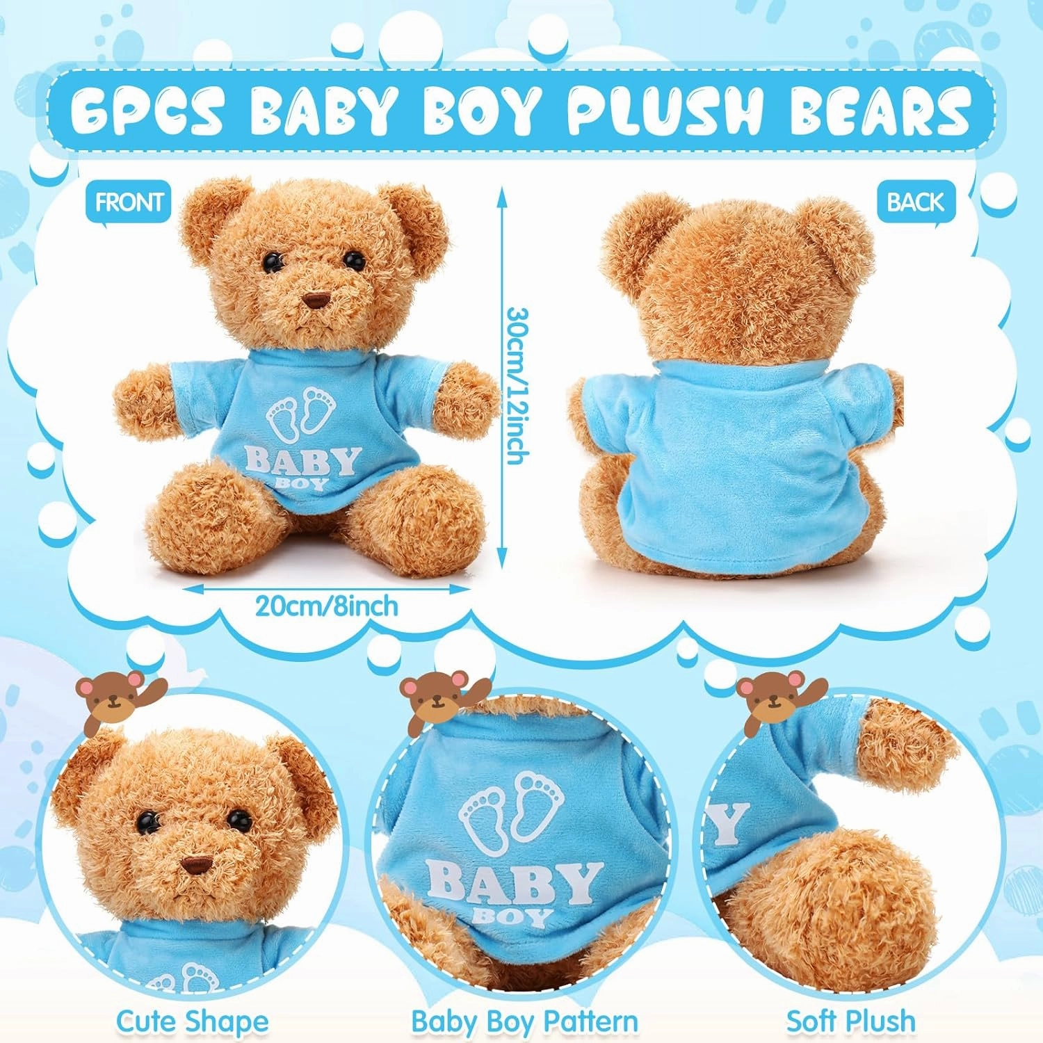 6 Pcs Baby Shower Bear Bulk 12 Inch Stuffed Animal Bear Cute T Shirt Plush Toy Gift Fluffy Decorations for Shower Birthday Gender Reveal Party Favors(Baby Boy)