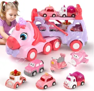 7 in 1 Carrier Truck Toys for 1 2 3 Year Old Girl Birthday Gifts, Princess Toddler Toys Age 1-3 2-4, Toddler Girl Car Toys with Light & Music, Toy Car for Girls
