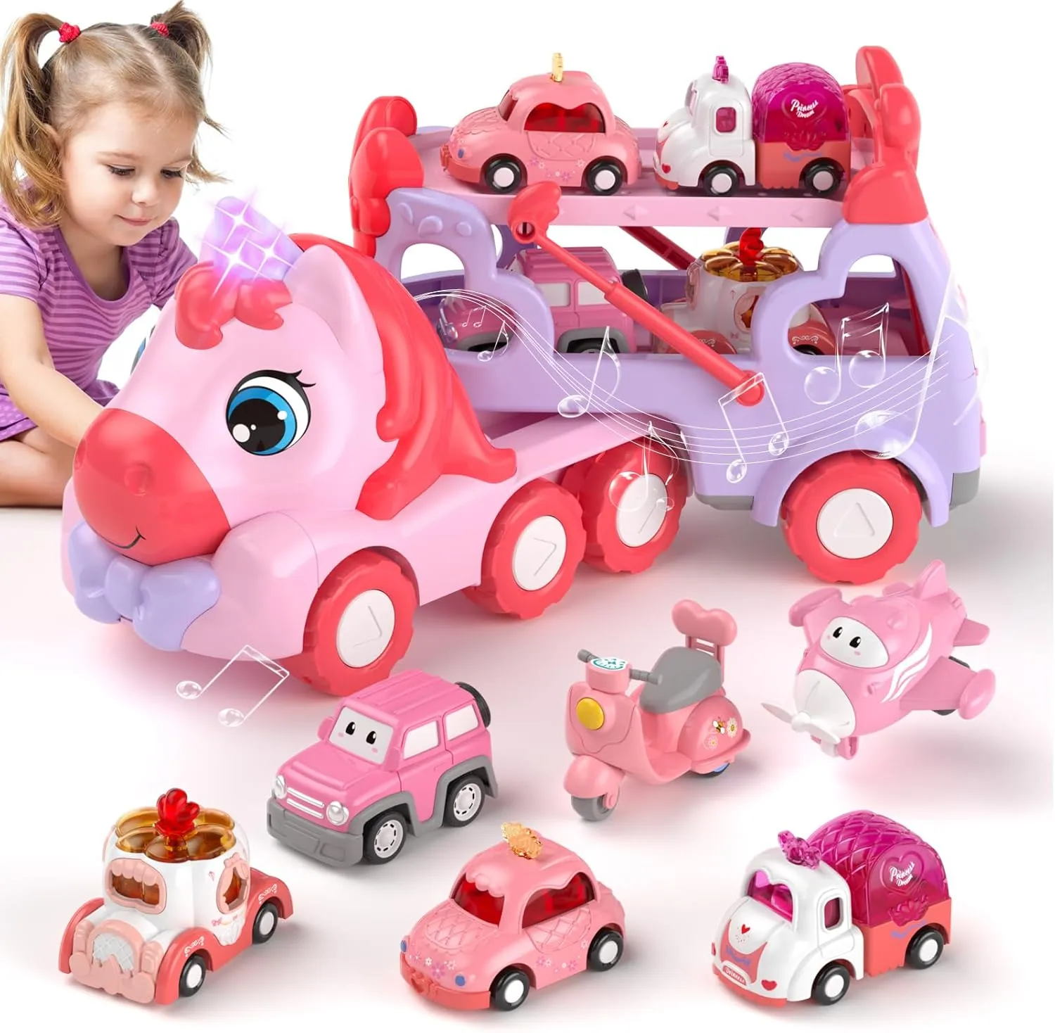 7 in 1 Carrier Truck Toys for 1 2 3 Year Old Girl Birthday Gifts, Princess Toddler Toys Age 1-3 2-4, Toddler Girl Car Toys with Light & Music, Toy Car for Girls