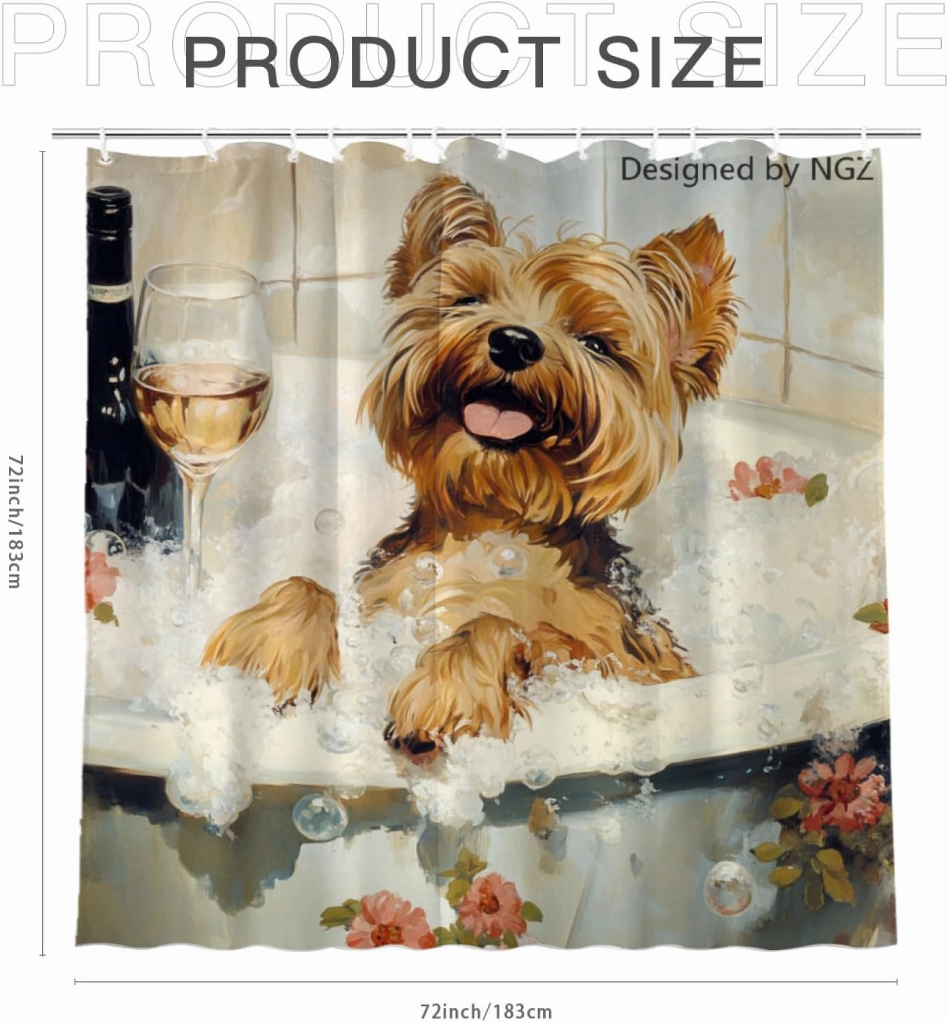 72x72 Inche White Fabric Shower Curtain, Cute Yorkshire Terrier with Flowers and Wine Shower Curtains for Bathroom, SPA Bubble Bath Covered Bath Curtains Set with Hooks