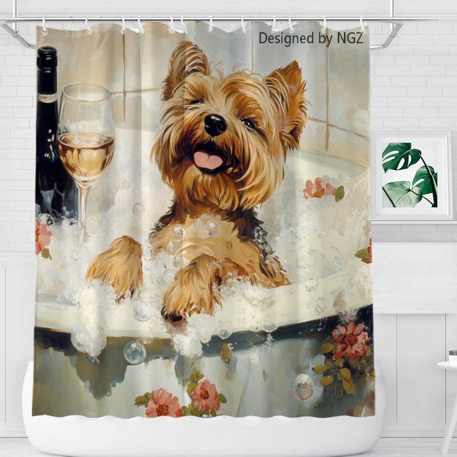 72x72 Inche White Fabric Shower Curtain, Cute Yorkshire Terrier with Flowers and Wine Shower Curtains for Bathroom, SPA Bubble Bath Covered Bath Curtains Set with Hooks