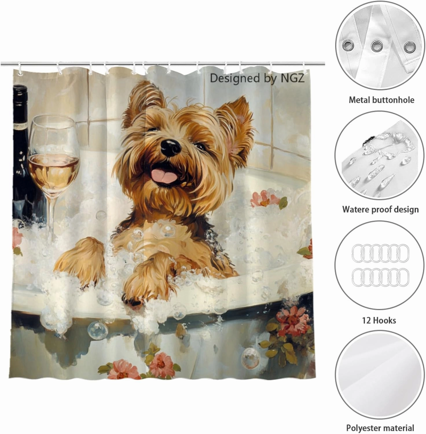 72x72 Inche White Fabric Shower Curtain, Cute Yorkshire Terrier with Flowers and Wine Shower Curtains for Bathroom, SPA Bubble Bath Covered Bath Curtains Set with Hooks