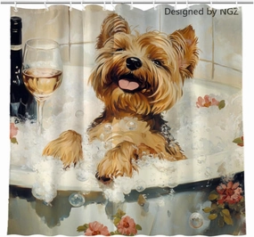 72x72 Inche White Fabric Shower Curtain, Cute Yorkshire Terrier with Flowers and Wine Shower Curtains for Bathroom, SPA Bubble Bath Covered Bath Curtains Set with Hooks