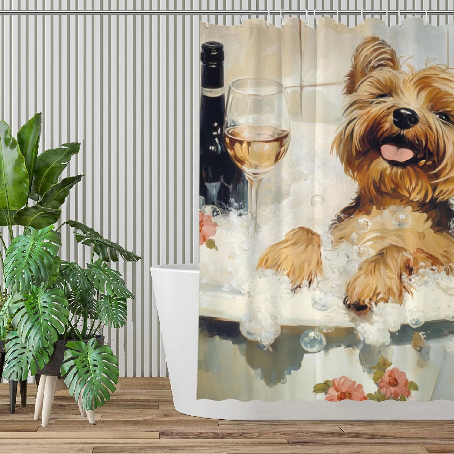 72x72 Inche White Fabric Shower Curtain, Cute Yorkshire Terrier with Flowers and Wine Shower Curtains for Bathroom, SPA Bubble Bath Covered Bath Curtains Set with Hooks