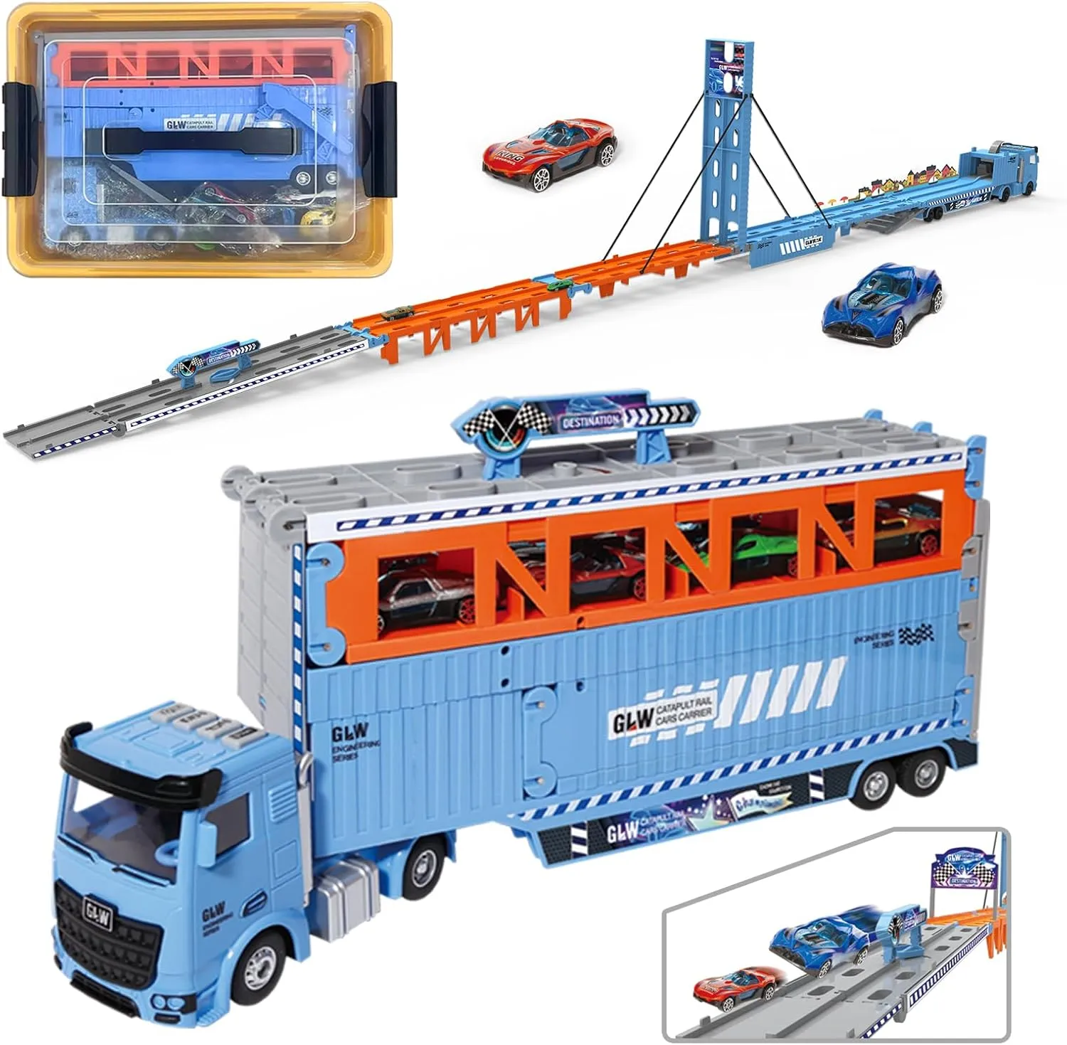 78 Inch Foldable GLWExtended Carrier Truck Race Track Playset with Portable Storage Box– 16 Die-Cast Cars, Multi-Functional Transform Truck Toys for Toddlers Ages 3-8