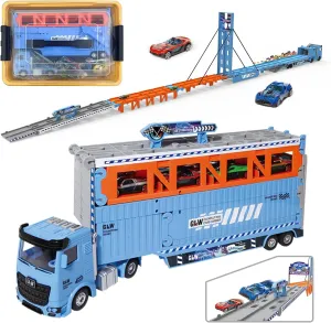 78 Inch Foldable GLWExtended Carrier Truck Race Track Playset with Portable Storage Box– 16 Die-Cast Cars, Multi-Functional Transform Truck Toys for Toddlers Ages 3-8