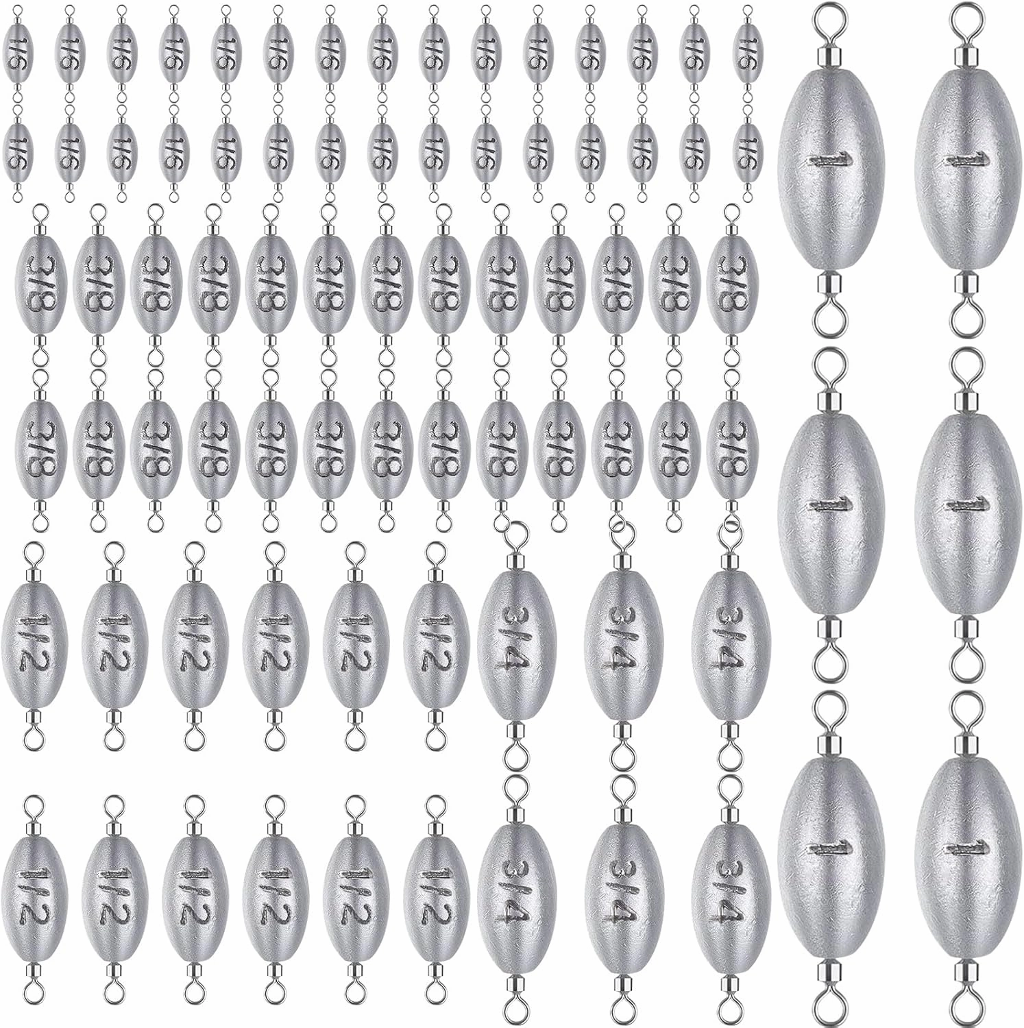78 Pcs/Box Fishing Weights Inline Weights Trolling Sinkers Swivel Weights with Inner Swivel for Ocean Saltwater Surf Bass Fishing Casting Gear Tackle 1/6 Oz, 3/8 Oz, 1/2 Oz, 3/4 Oz, 1 oz