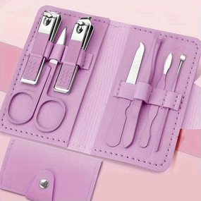 7 Pieces Stainless Steel Colorful Nail Clippers Manicure Set with Leather Bag Care Tools Grooming Kit (Set080purple)
