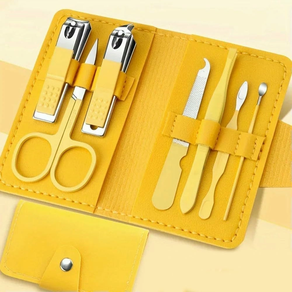 7 Pieces Stainless Steel Colorful Nail Clippers Manicure Set with Leather Bag Care Tools Grooming Kit (Set080yellow)