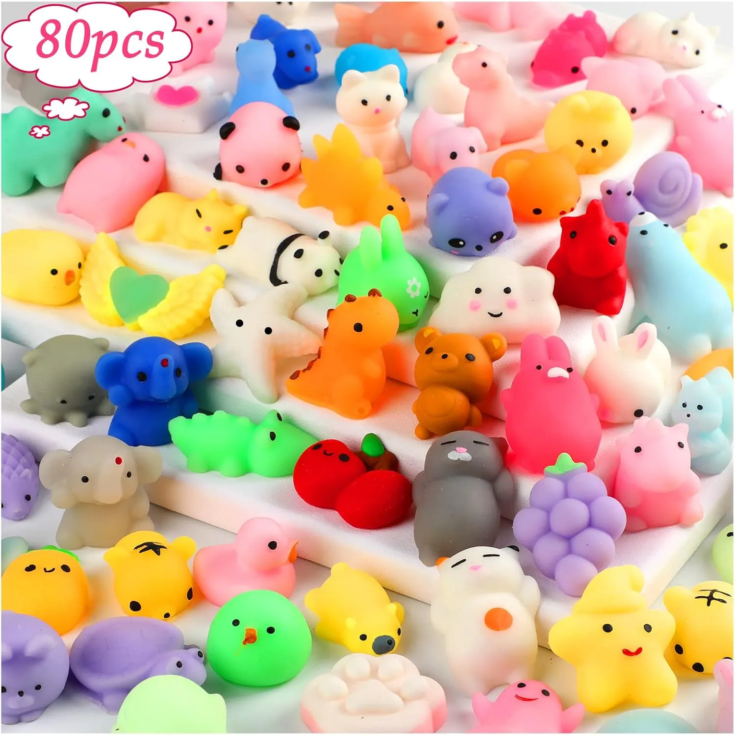 80pcs Mochi Squishy Toys, Mini Kawaii Squishy Fidget Toys Bundles Squishies Party Favors for Kids Gift for Easter Basket Stuffers Egg Fillers Birthday Classroom Prize Pinata Christmas Stocking