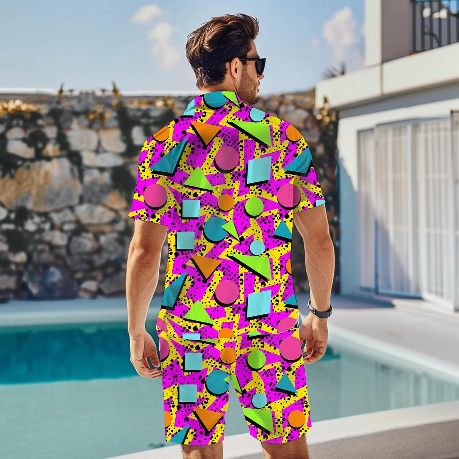 80s 90s Men's Hawaiian Outfits 2 Piece Shirt and Shorts Sets Button Down Beach Suits Disco Party