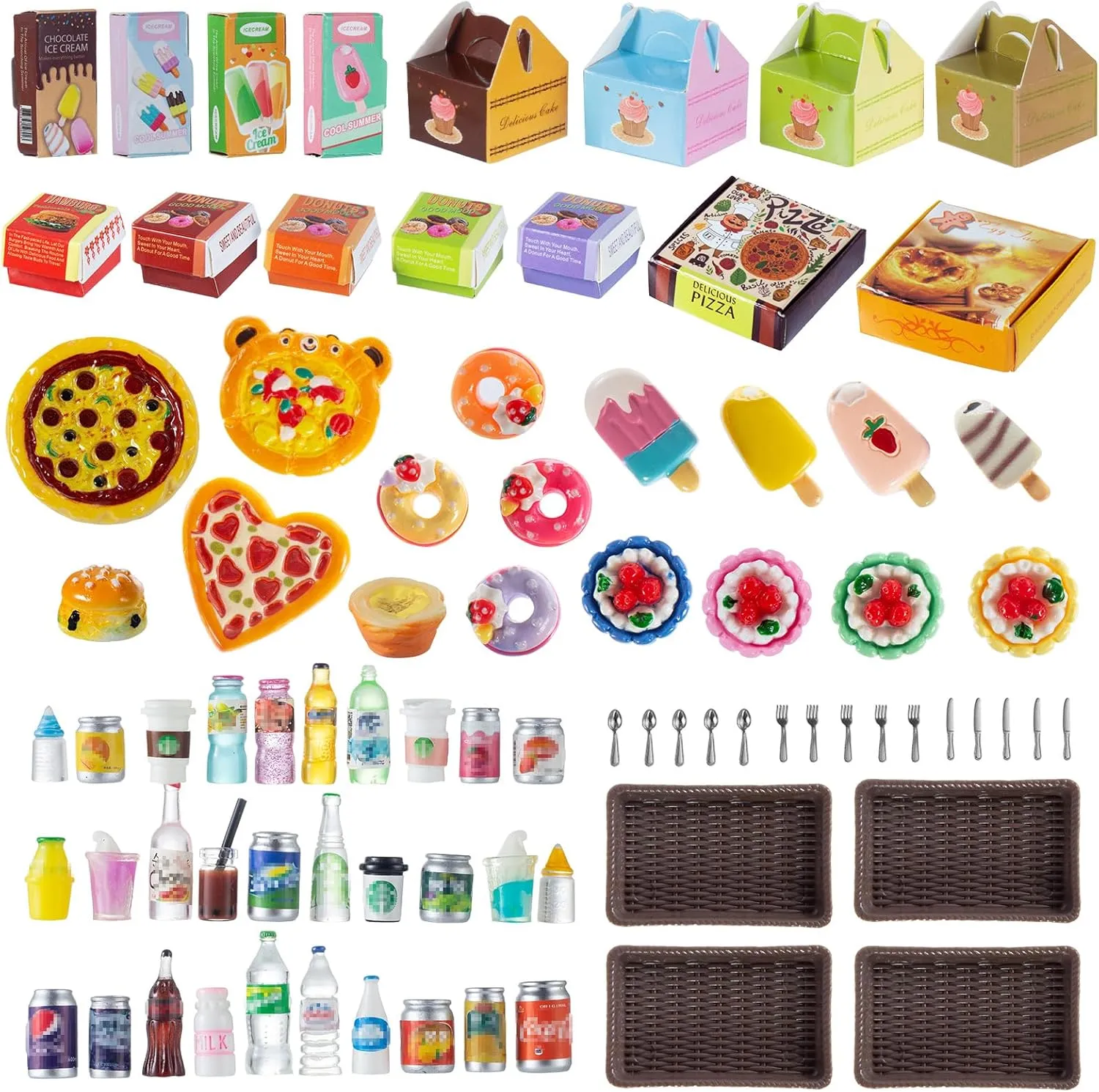86 Pieces Miniature Pepperoni Pizza Cakes Donuts Tarts Ice Cream Burgers Set with Box for Dollhouse Mini Simulation DIY Prop Decoration Play Food Toys Pretend Kitchen Stores Supermarkets Accessories