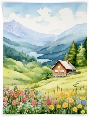 8x10 Austrian Chalet Watercolor Print, Alpine Cabin Landscape Art, Austrian Countryside Decor, UNFRAMED