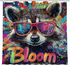 Abstract Colorful Shower Curtain, Cute Raccoon with Bloom Art Painting Shower Curtain Set with 12 Hooks, 72 x 72 Inches Shower Curtain for Bathroom Decor